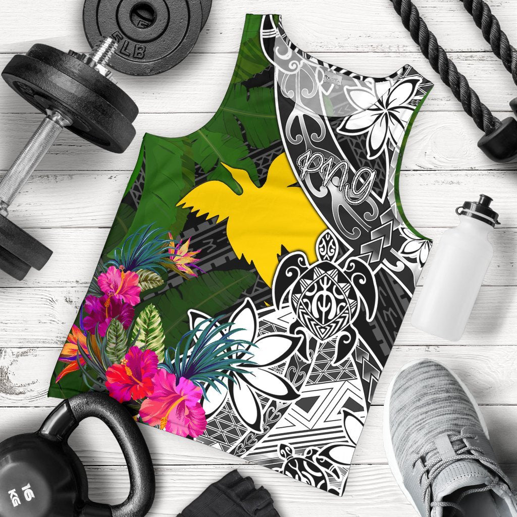 Papua New Guinea Men Tank Top - Turtle Plumeria Banana Leaf Black - Polynesian Pride