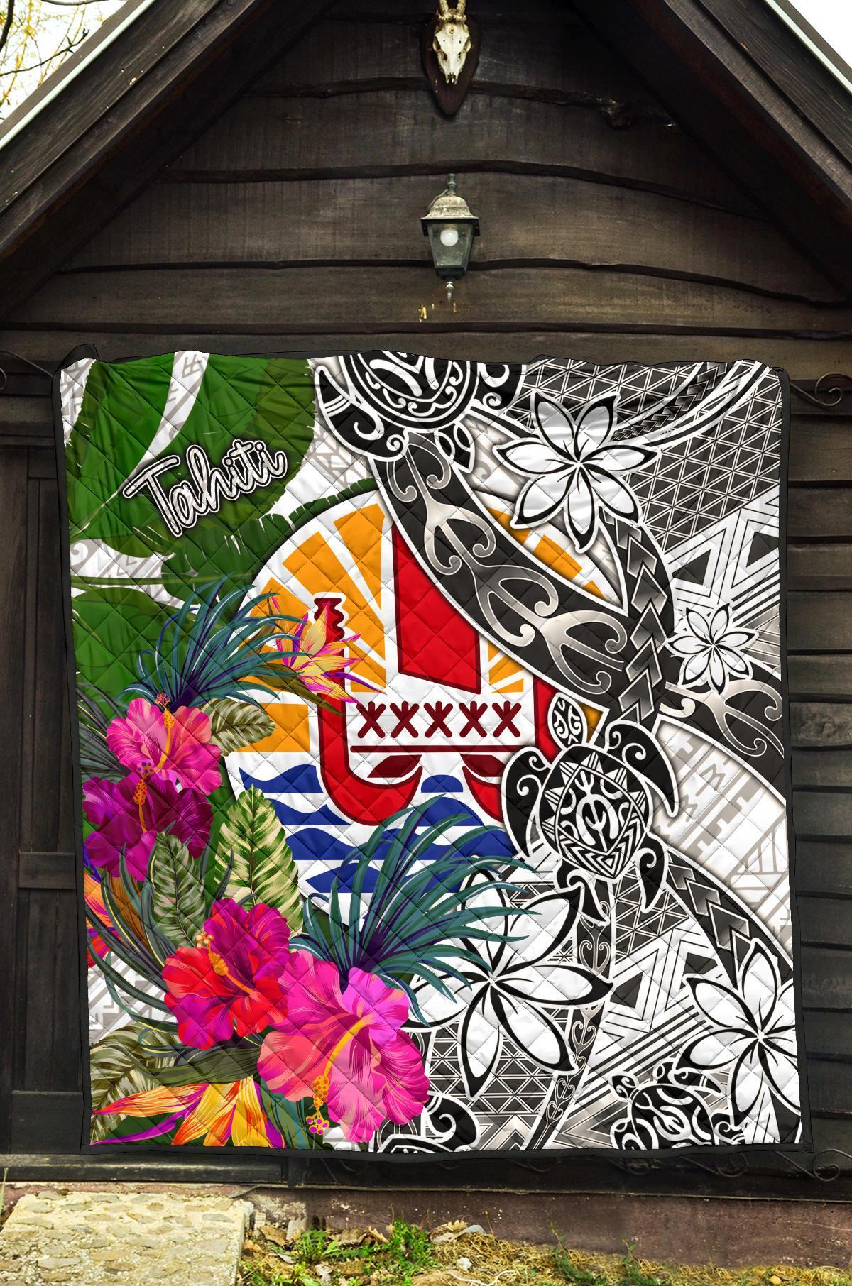 Tahiti Premium Quilt White - Turtle Plumeria Banana Leaf - Polynesian Pride