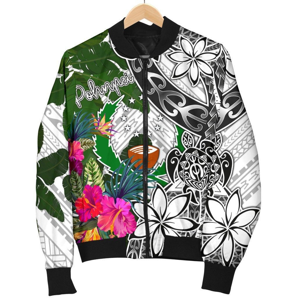 Pohnpei Men's Bomber Jacket White - Turtle Plumeria Banana Leaf - Polynesian Pride