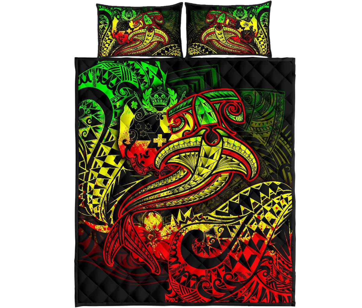 Tonga Quilt Bed Set - Reggae Shark Polynesian Tattoo - Polynesian Pride