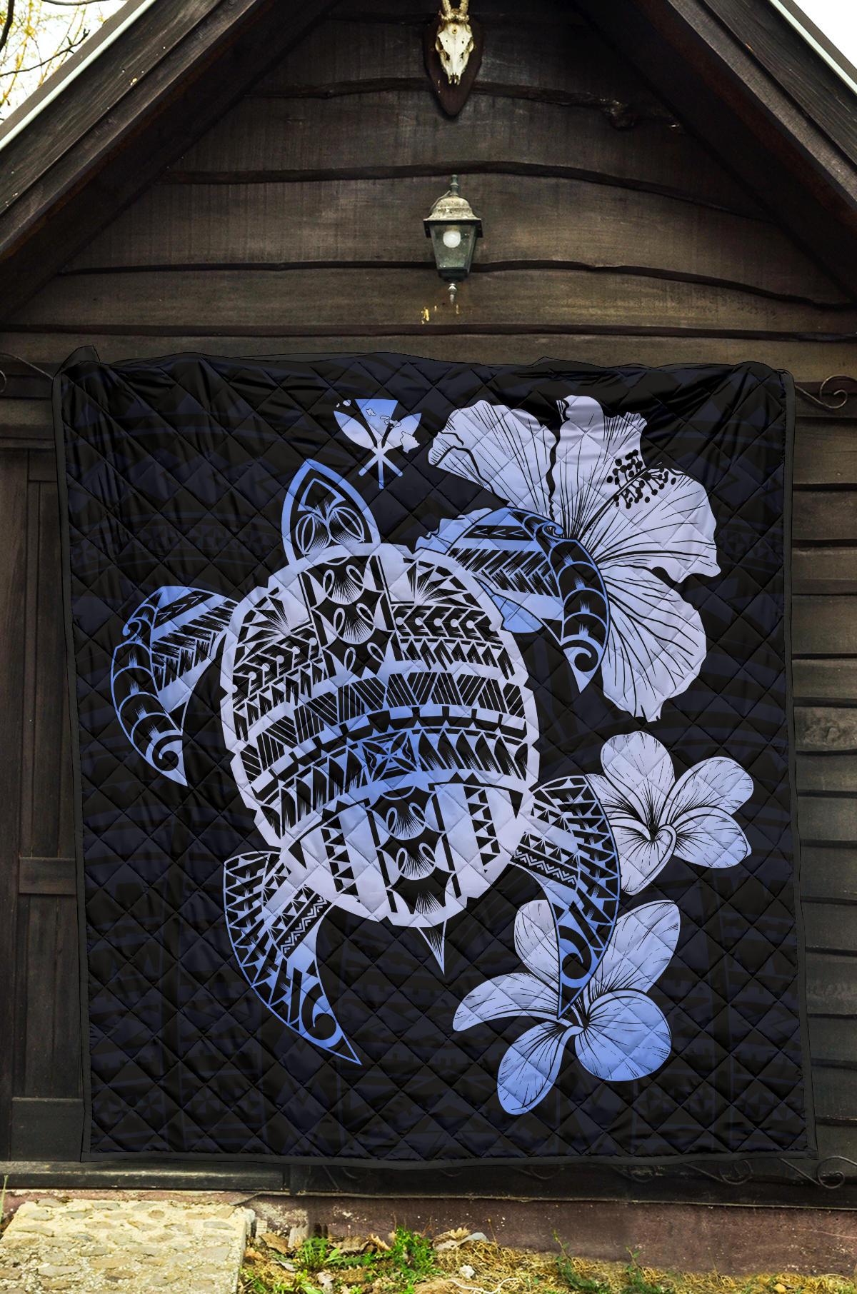 Hawaiian Kanaka Hibiscus Plumeria Mix Polynesian Turtle Premium Quilt Blue AH - Polynesian Pride