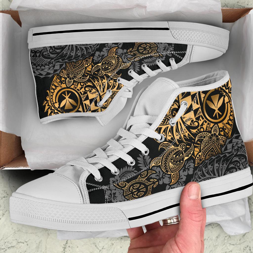Polynesian Hawaii (Kanaka Maoli) High Top Shoes - Gold Hibiscus Turtle Flowing - Polynesian Pride