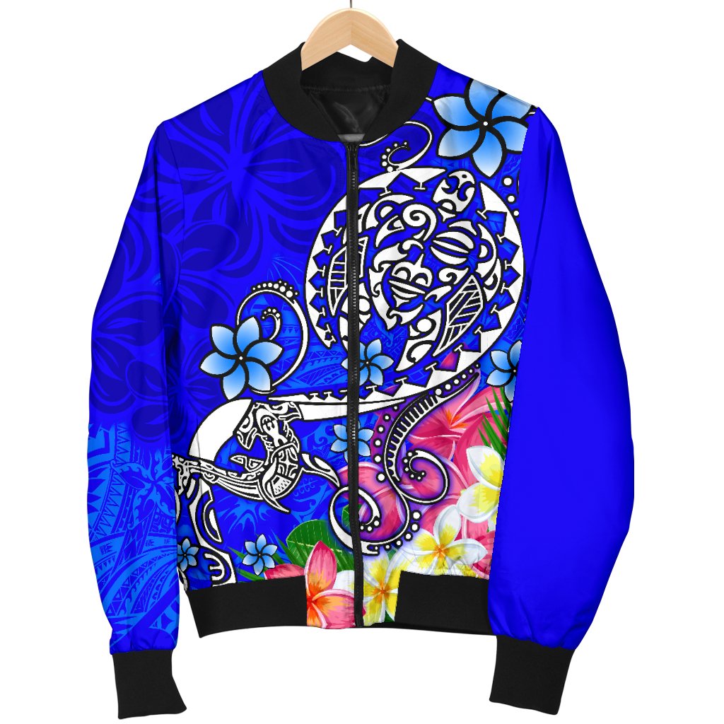 Polynesian Men's Bomber Jacket - Turtle Plumeria Blue Color - Polynesian Pride