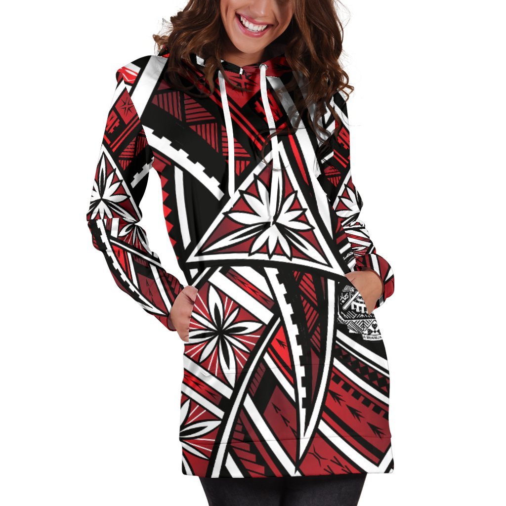 American Women's Hoodie Dress - Tribal Flower Special Pattern Red Color - Polynesian Pride