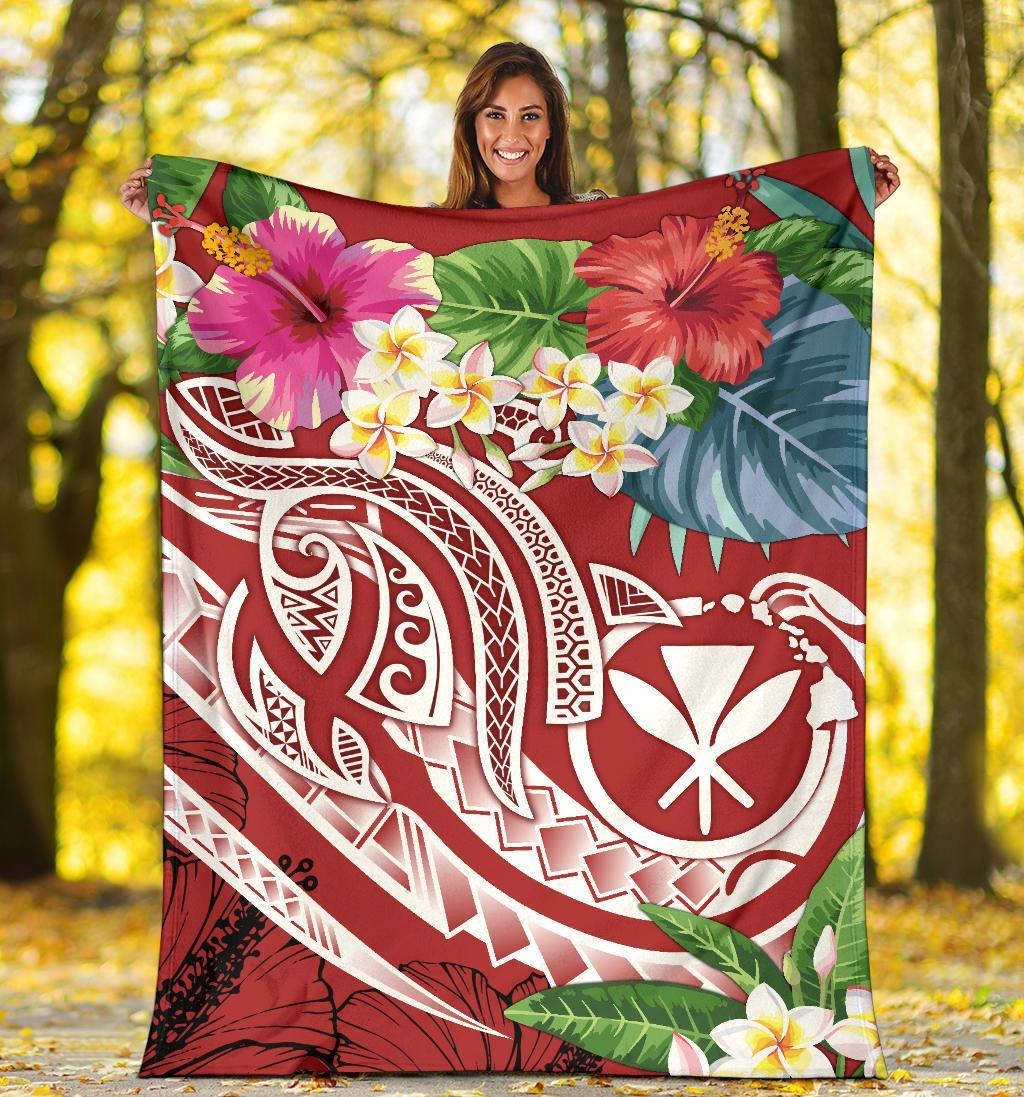 Polynesian Hawaii Kanaka Maoli Premium Blanket - Summer Plumeria (Red) - Polynesian Pride