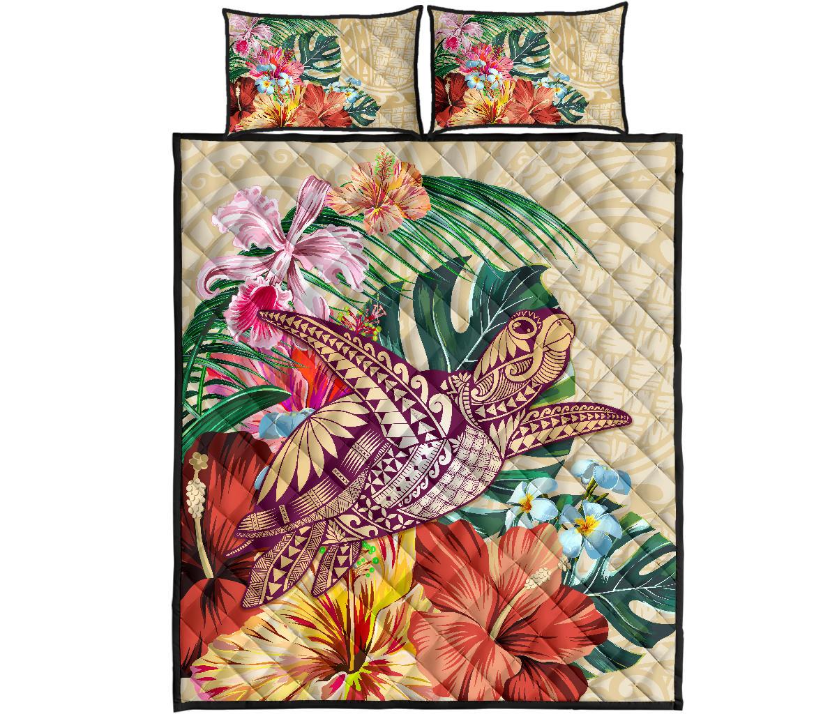 Hawaii Tropical Hibiscus Plumeria Turtle Beige Quilt Bed Set Beige - Polynesian Pride