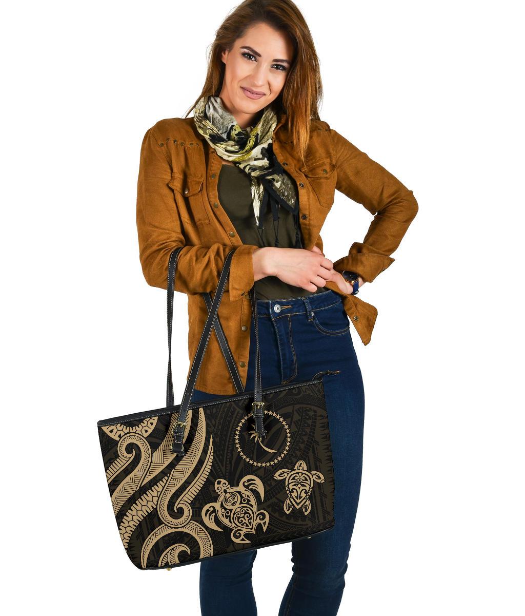 Chuuk Micronesian Large Leather Tote Bag - Gold Tentacle Turtle - Polynesian Pride