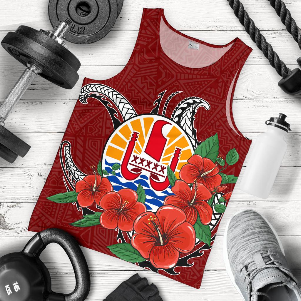 Tahiti Polynesian Men Tank Top - Hibiscus Coat of Arm Red RED - Polynesian Pride