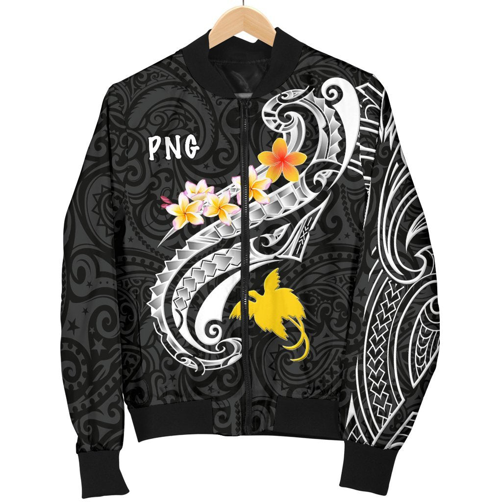 Papua New Guinea Men's Bomber Jacket - PNG Seal Polynesian Patterns Plumeria (Black) - Polynesian Pride