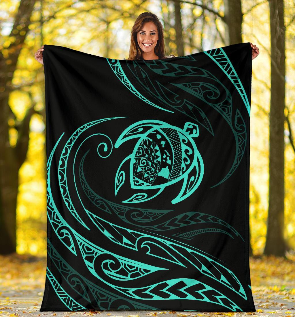 Hawaii Turtle Premium Blanket - Turquoise - Frida Style - Polynesian Pride