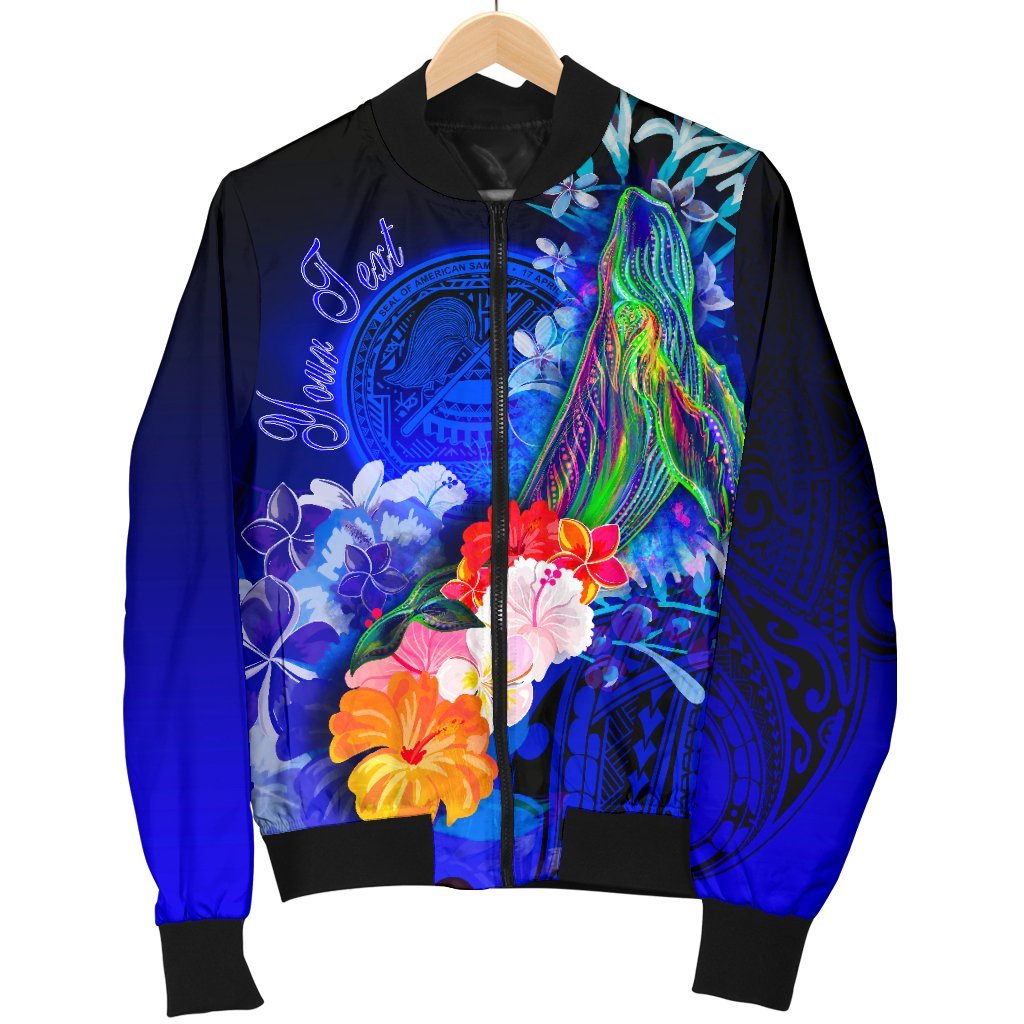 American Samoa Polynesian Custom Personalised Men's Bomber Jacket - Humpback Whale with Tropical Flowers (Blue) - Polynesian Pride