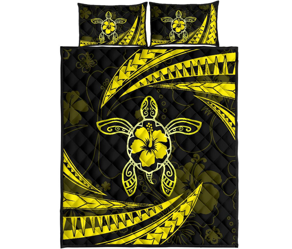 Hawaii Quilt Bed Set - Hibiscus Turtle Tribal Waves Yellow Yellow - Polynesian Pride