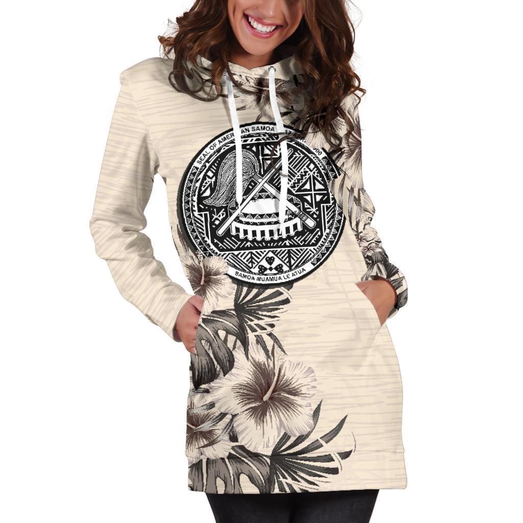 American Samoa Hoodie Dress - American Samoa Seal & Beige Hibiscus - Polynesian Pride