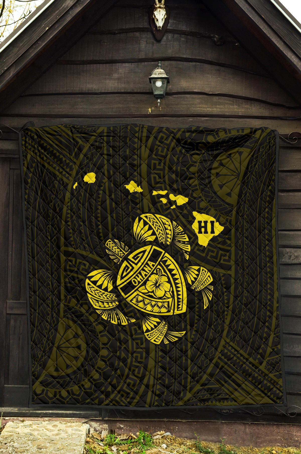 Hawaii Turtle Hibicus Map Premium Quilt - Yellow - Polynesian Pride