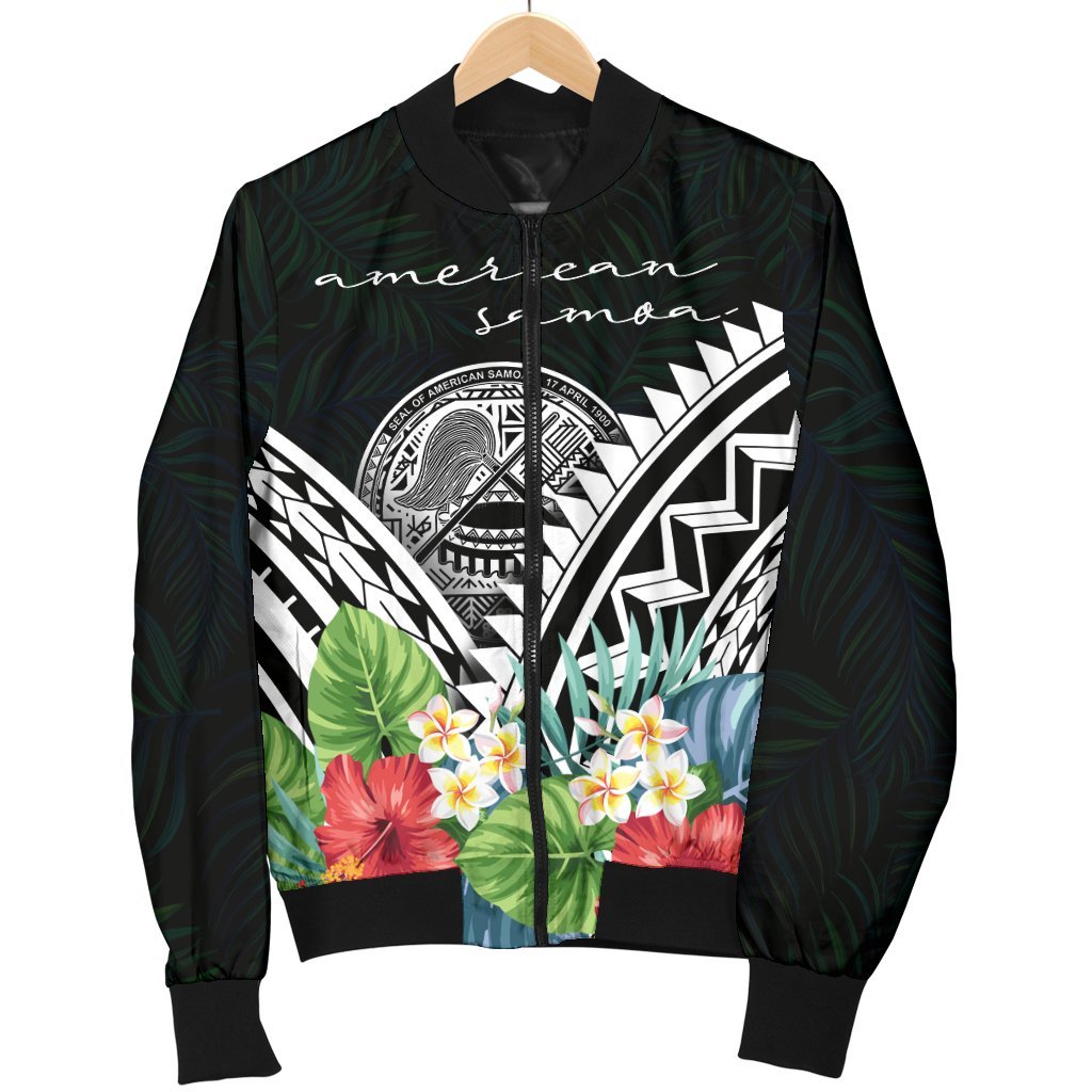 American Samoa Men's Bomber Jacket - Yap Coat of Arms & Polynesian Tropical Flowers White - Polynesian Pride