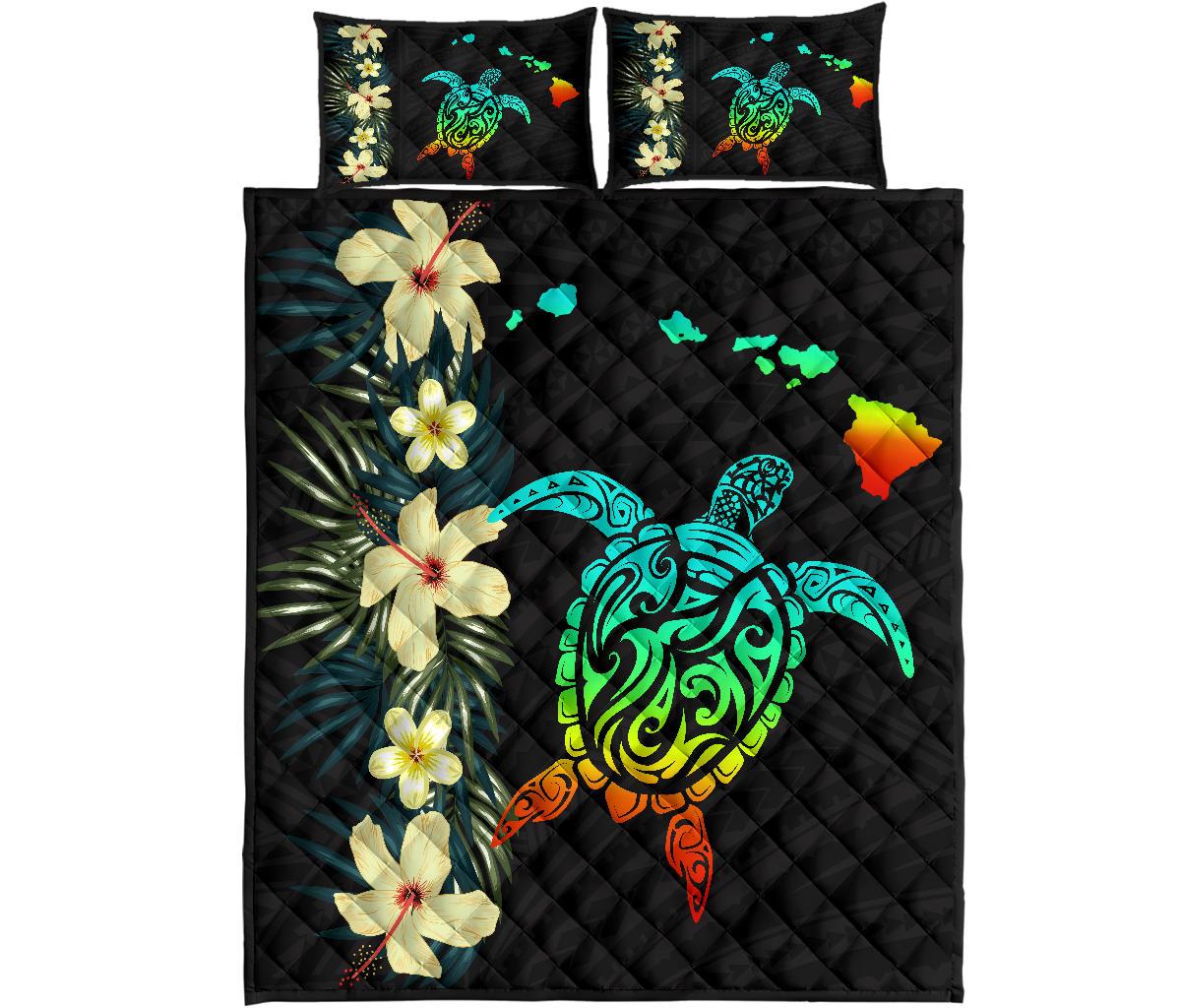 Hawaii Map Turtle Hibiscus Plumeria - Quilt Bed Set AH Black - Polynesian Pride