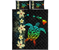 Hawaii Map Turtle Hibiscus Plumeria - Quilt Bed Set AH Black - Polynesian Pride