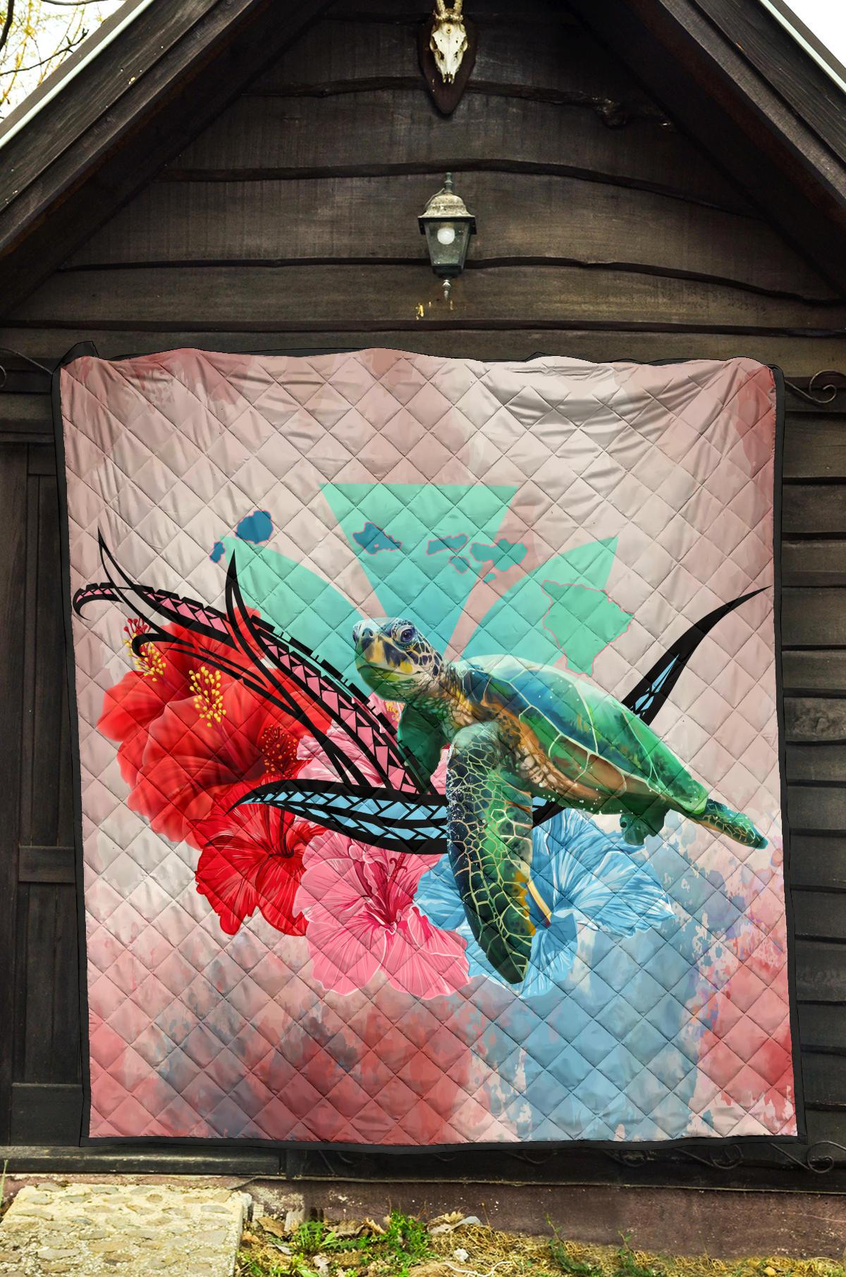 Hawaii Map Kanaka Sea Turtle Hibiscus Premium Quilt - AH - Blue Pink - Polynesian Pride
