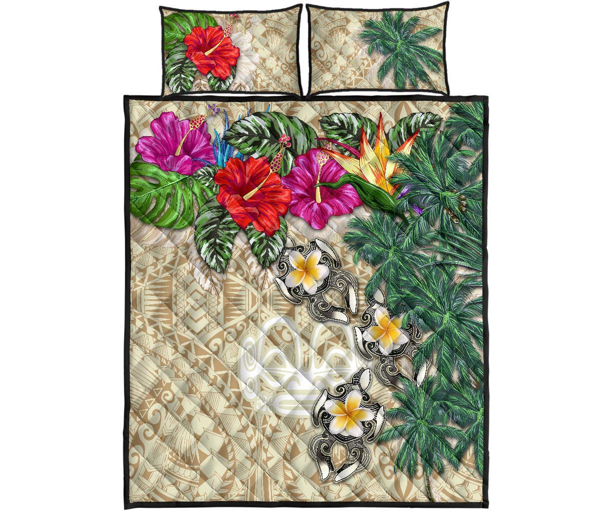 Marquesas Islands Polynesian Quilt Bed Set - Hibiscus Turtle Tattoo Beige - Polynesian Pride
