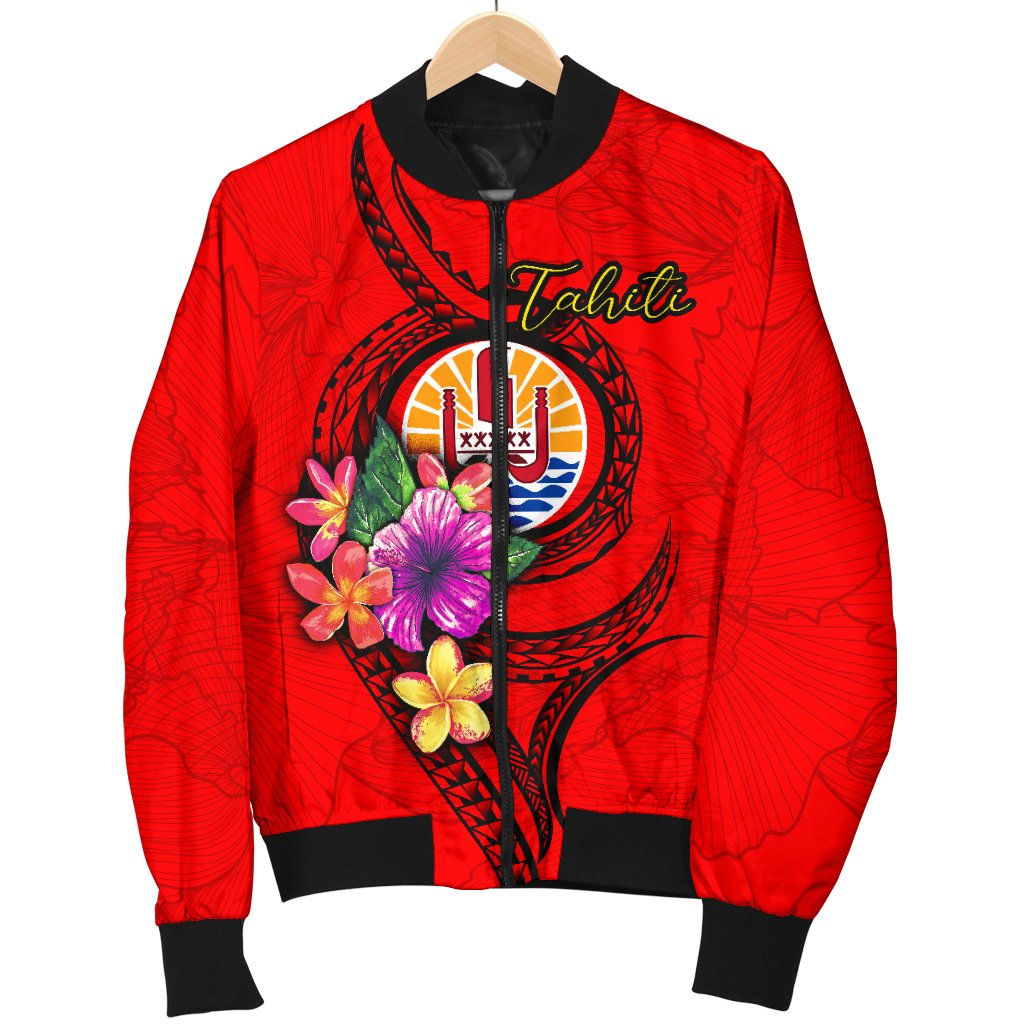 Tahiti Polynesian Men's Bomber Jacket - Floral With Seal Red - Polynesian Pride