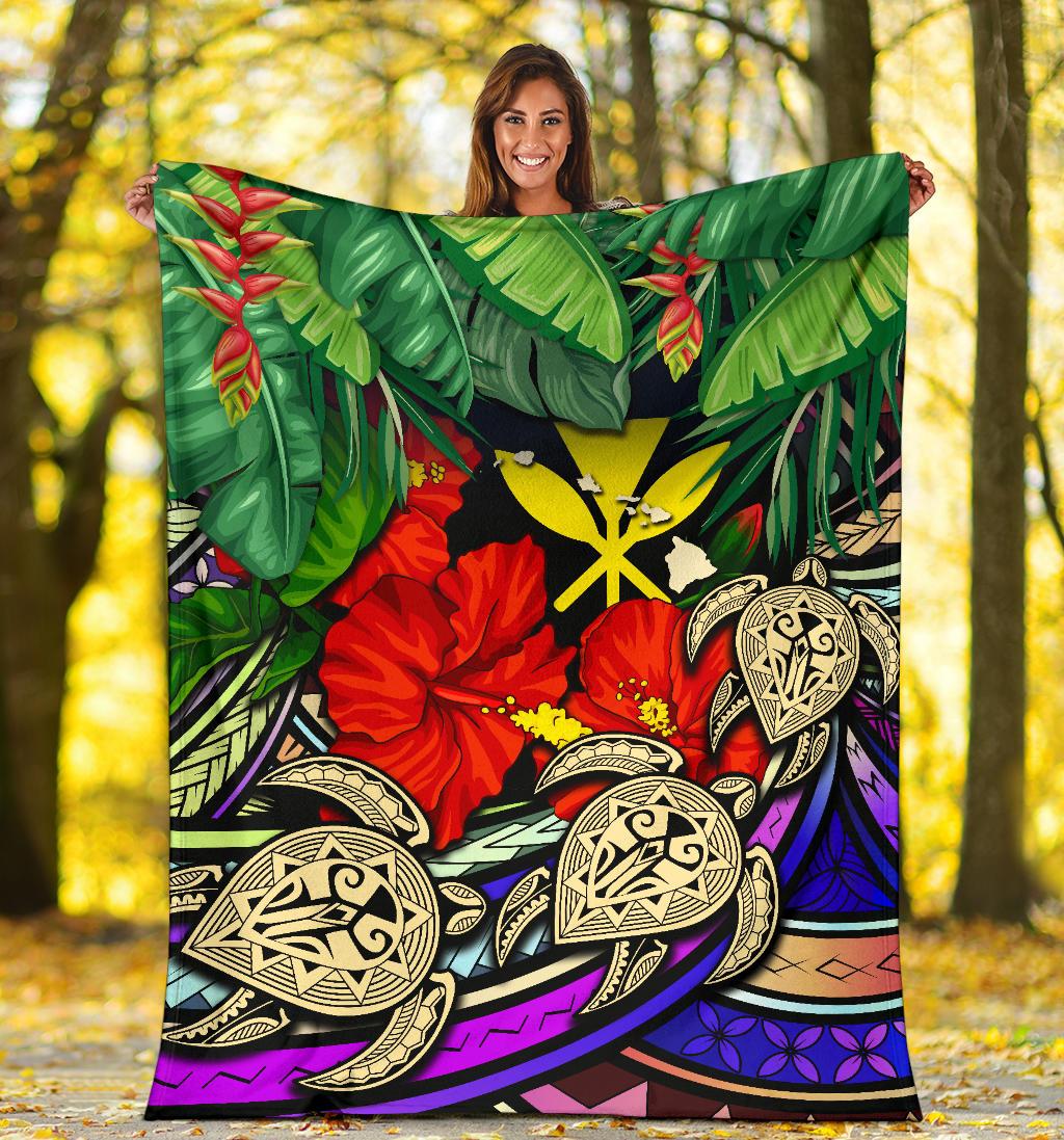 Kanaka Maoli (Hawaiian) Premium Blanket - Polynesian Turtle Colorful And Hibiscus - Polynesian Pride