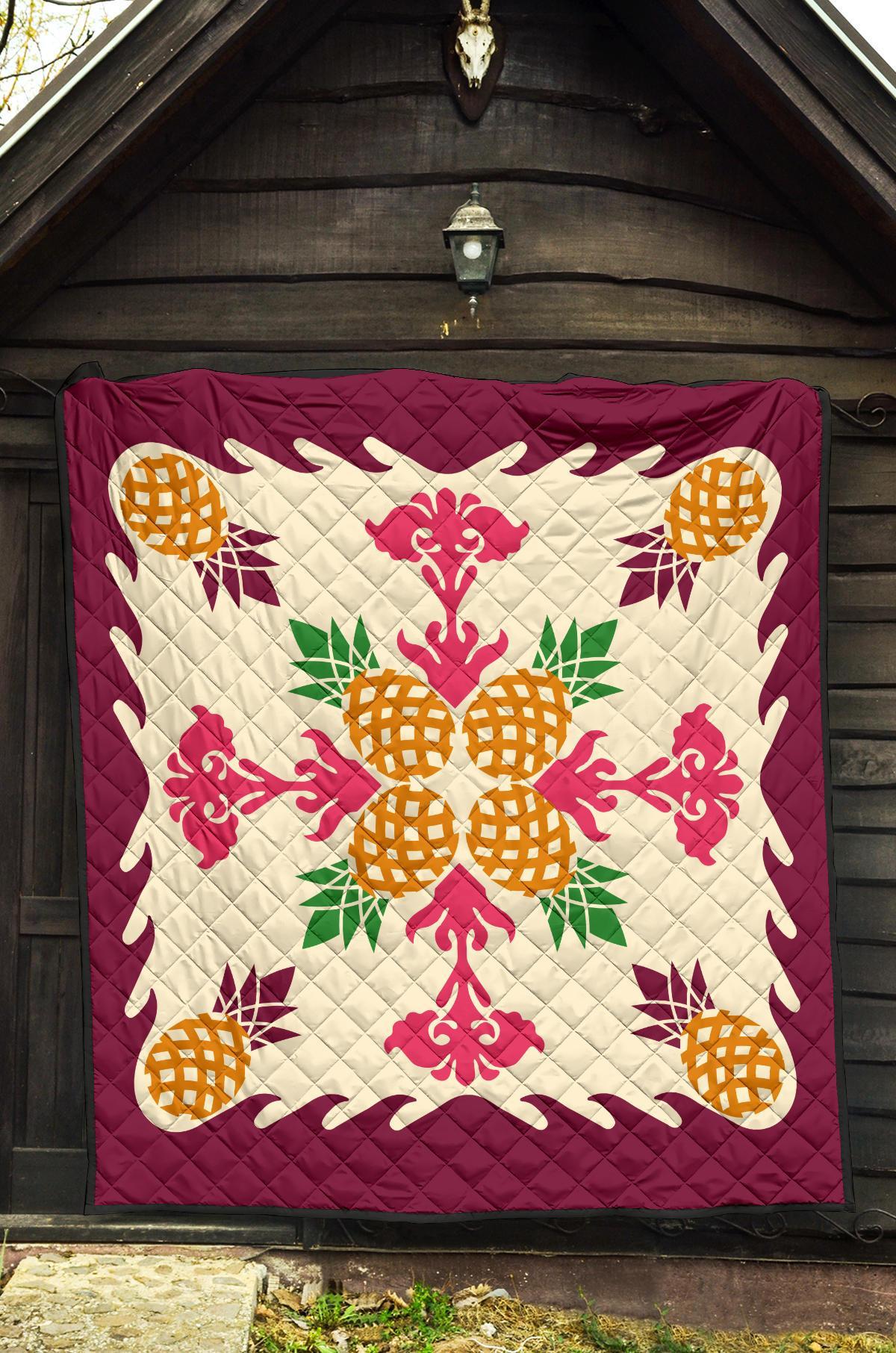 Hawaiian Pineapple Pattern Premium Quilt - Burgundy - Argu Style - AH - Polynesian Pride