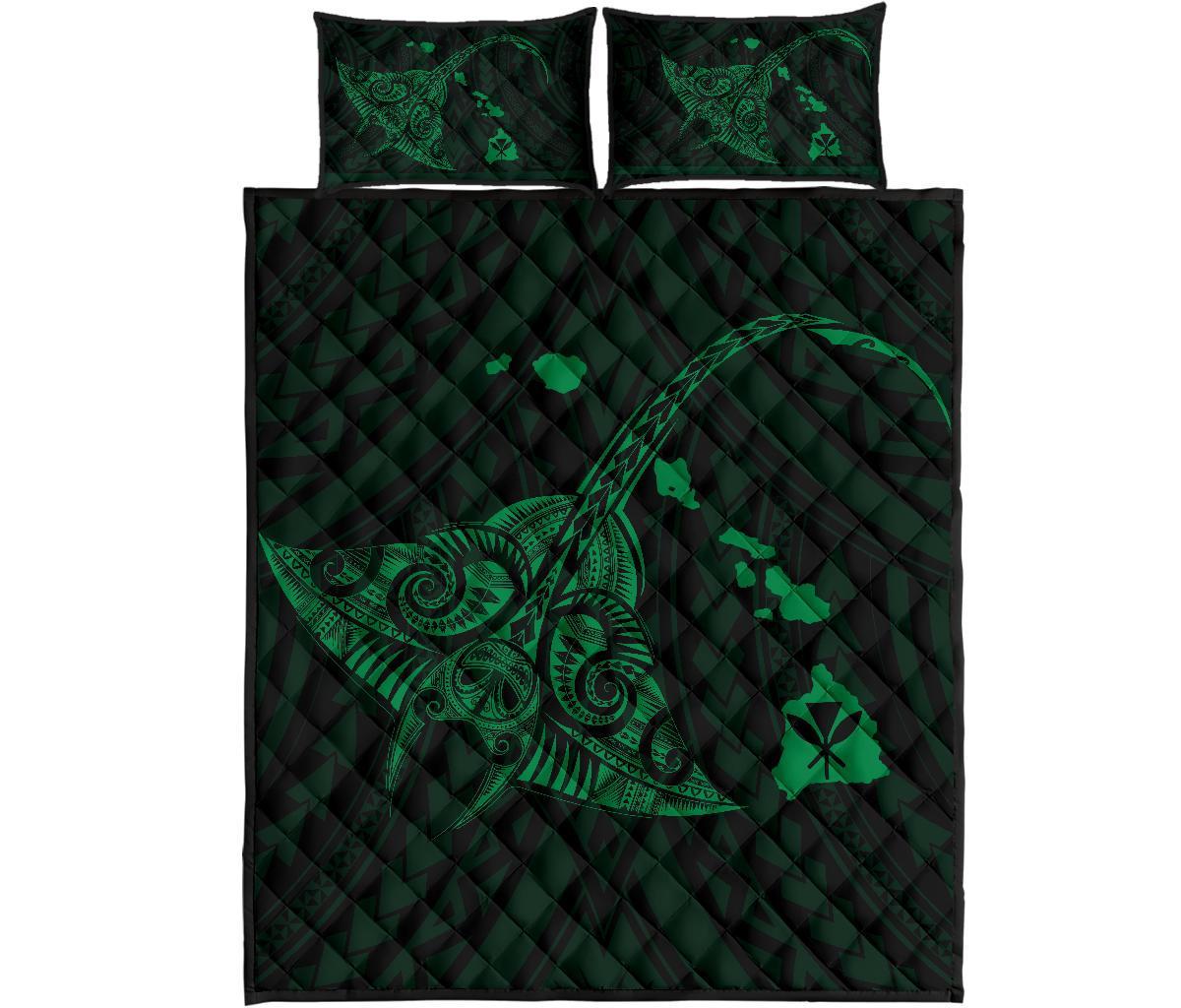 Hawaii Manta Ray Map Polynesian Green Quilt Bed Set Green - Polynesian Pride