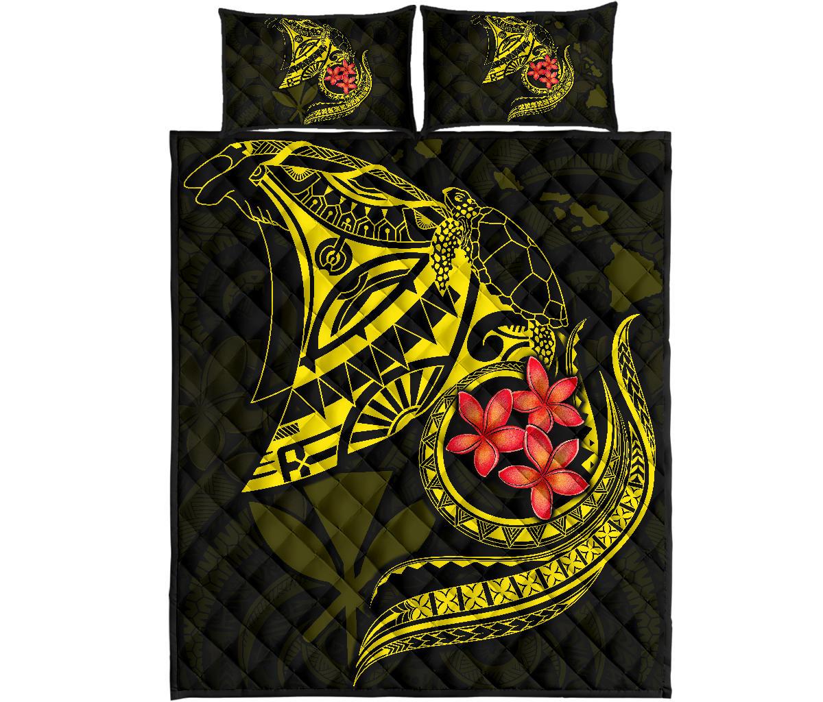 Hawaiian Polynesian Quilt Bed Set - Kanaka Maoli & Yellow Manta Ray Turtle Tentacle - Polynesian Pride