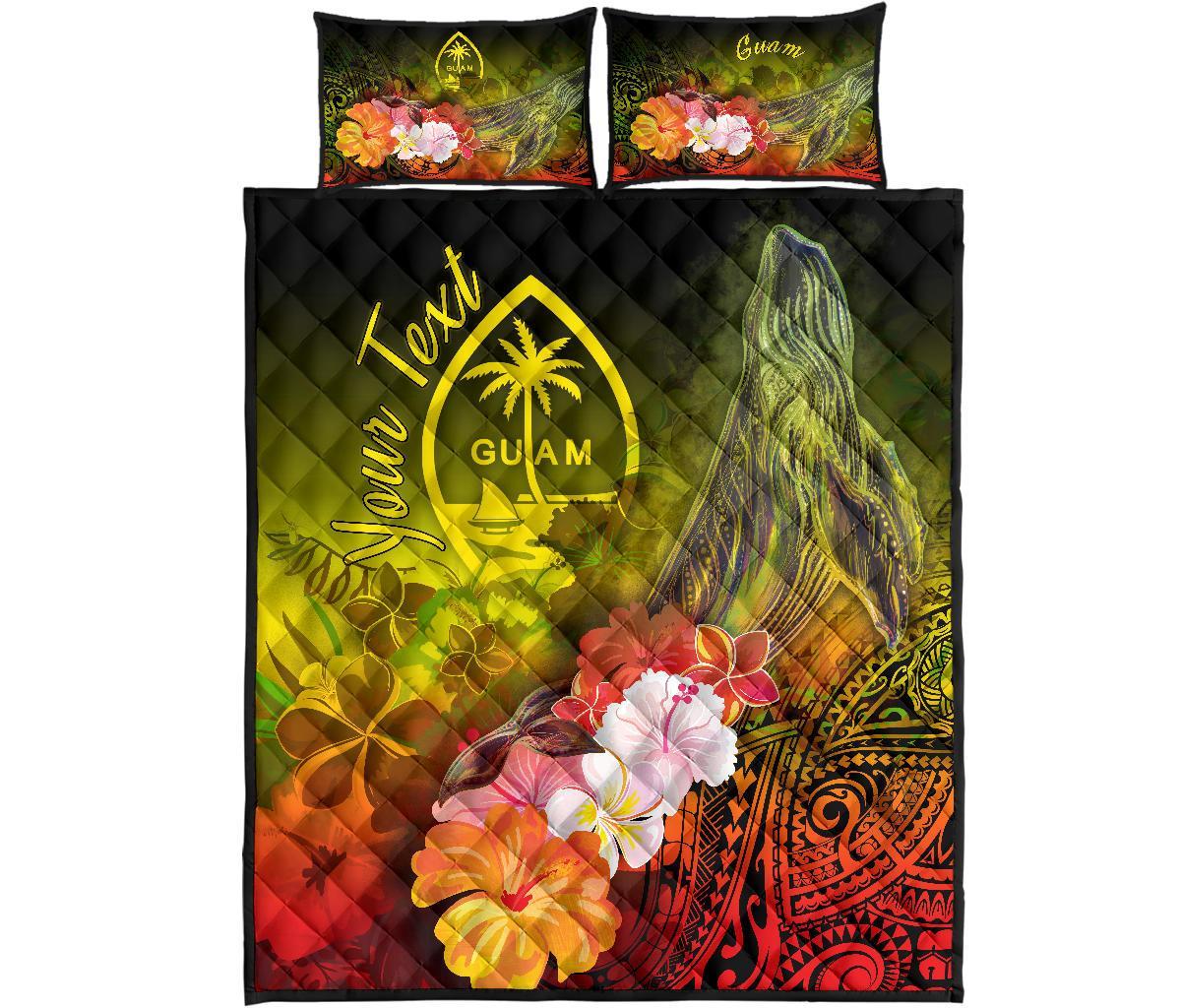 Guam Custom Personalised Quilt Bed Set - Humpback Whale with Tropical Flowers (Yellow) - Polynesian Pride