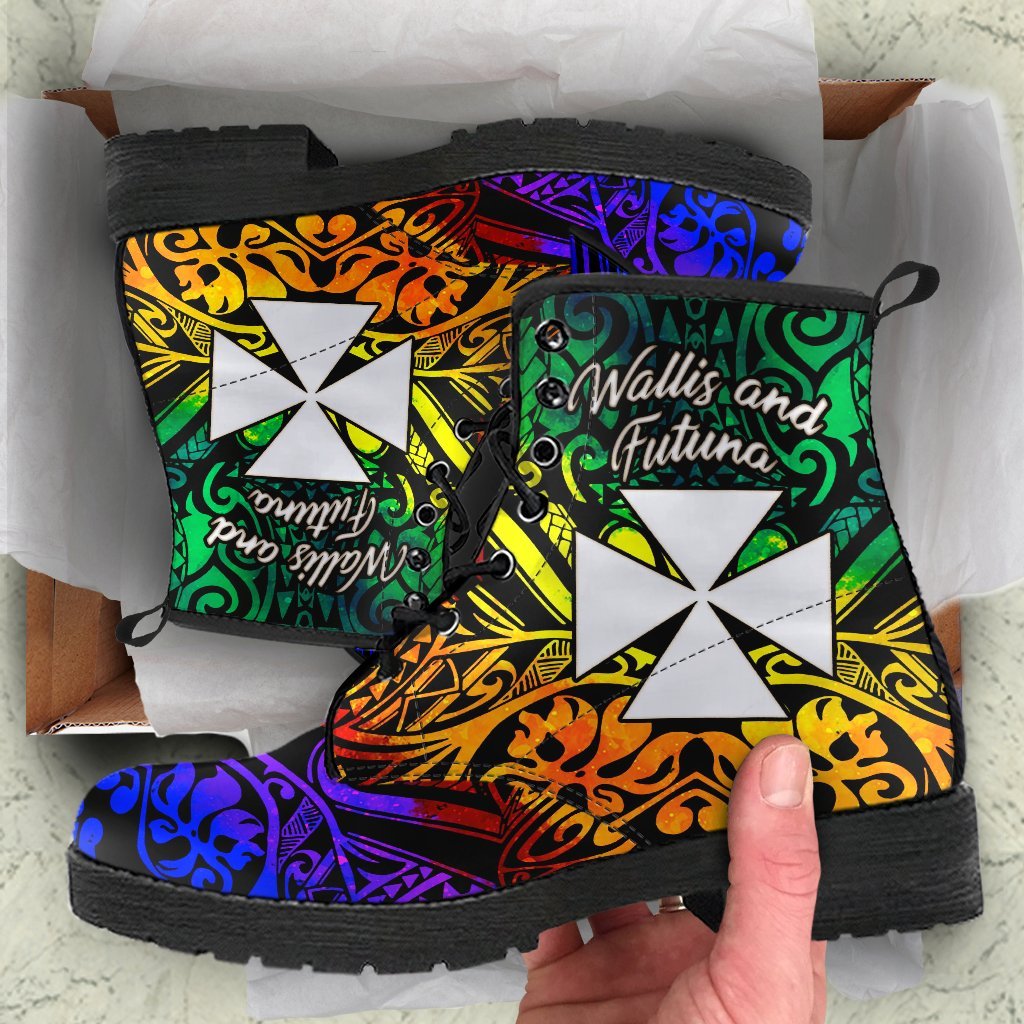 Wallis and Futuna Custom Personalised Leather Boots - Rainbow Polynesian Pattern Rainbow - Polynesian Pride