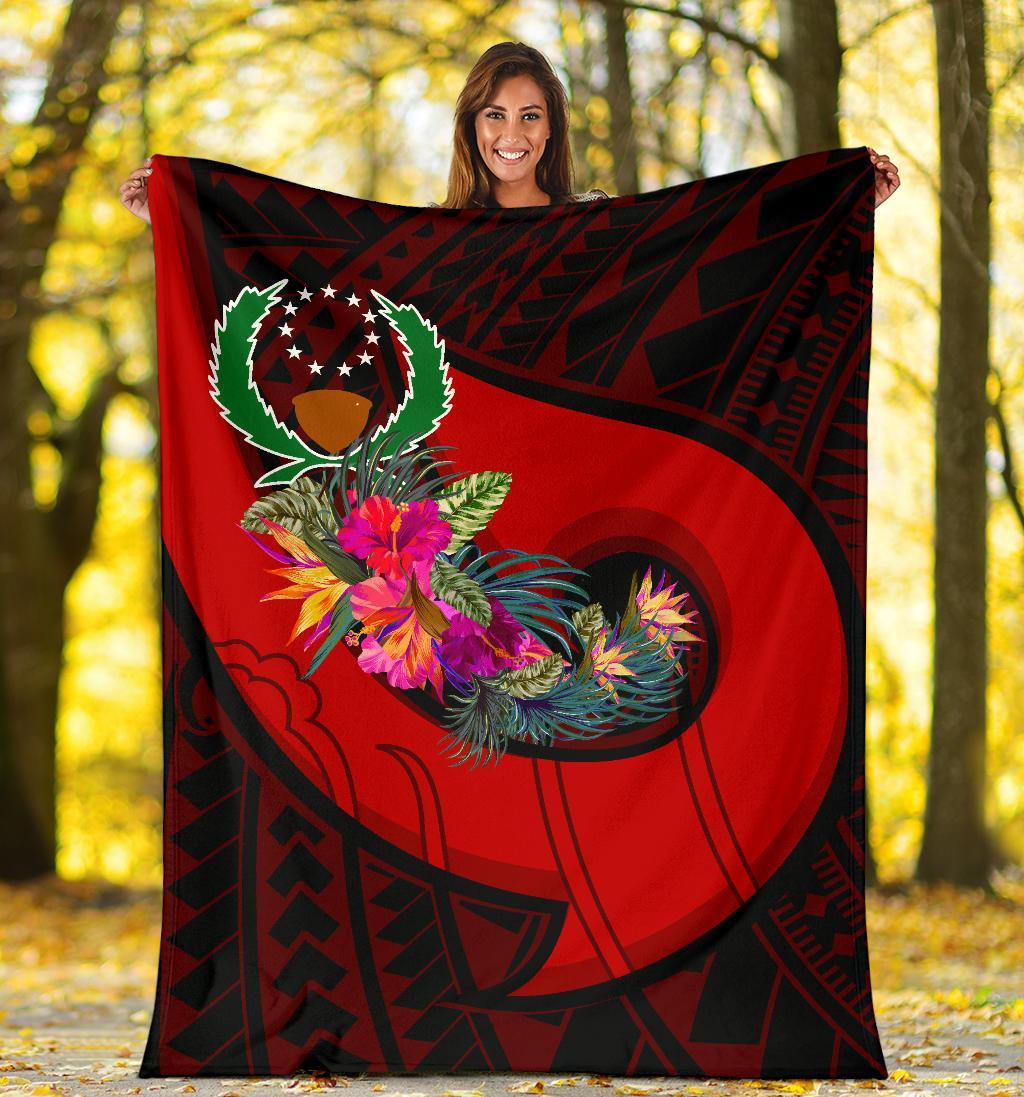 Pohnpei Premium Blanket - Polynesian Hook And Hibiscus (Red) - Polynesian Pride