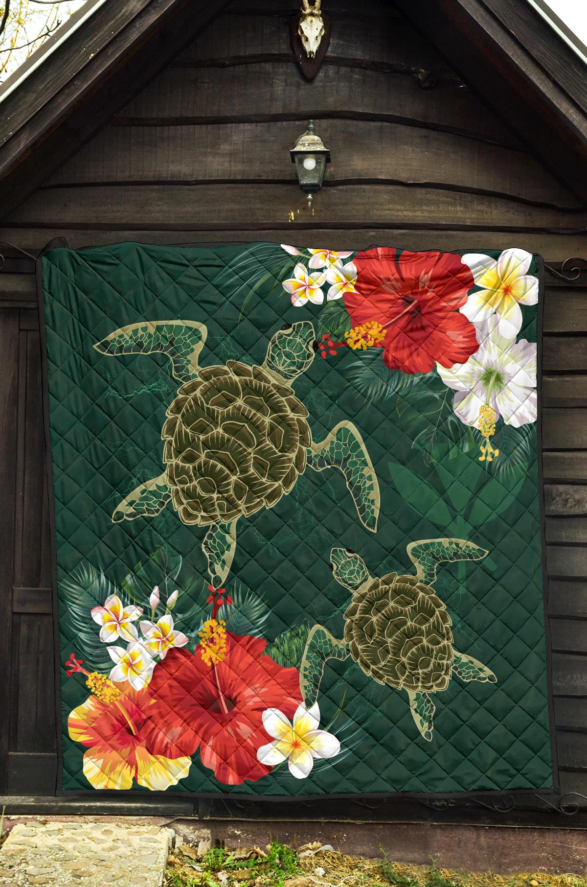 Hawaii Sea Turtle Hibiscus Plumeria Premium Quilt - Polynesian Pride