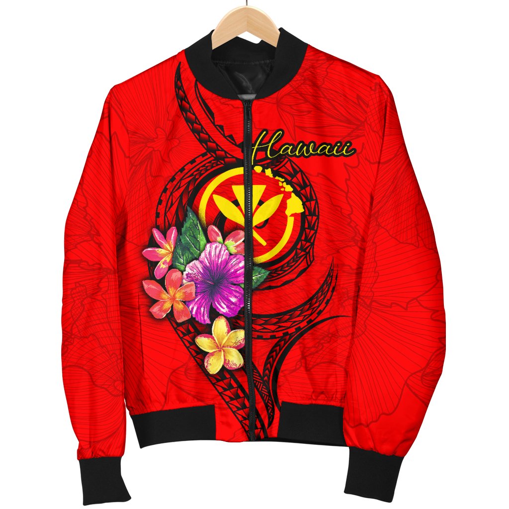 Hawaii Polynesian Men's Bomber Jacket - Floral With Seal Red - Polynesian Pride