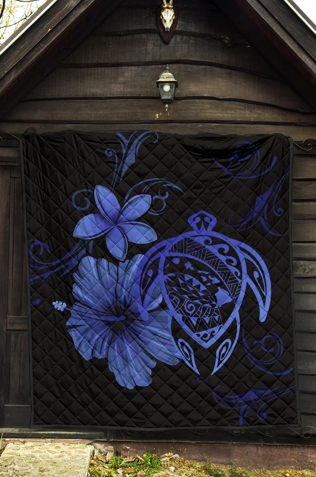 Hawaii Turtle Hibiscus Premium Quilt Blue - Polynesian Pride