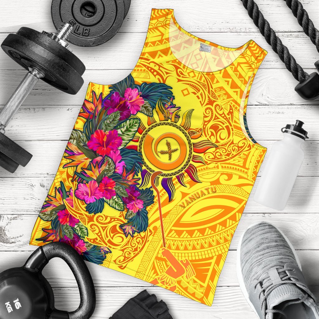 Polynesian Men's Tank Top - Vanuatu Symbols With Hibiscus Yellow - Polynesian Pride