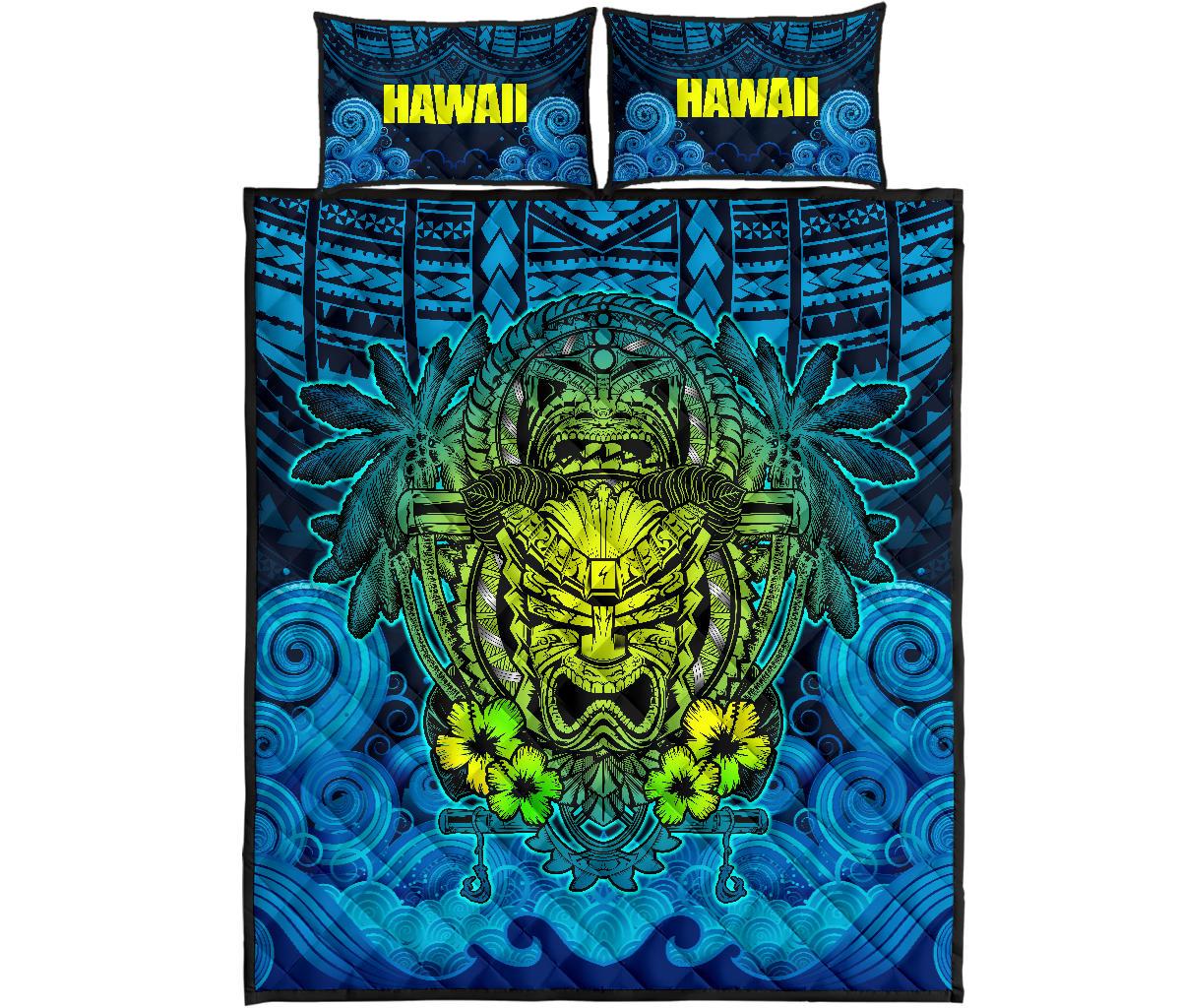 Hawaii Polynesian Quilt Bed Set - Hawaiian Green Yellow Tiki Face Blue Version - Polynesian Pride