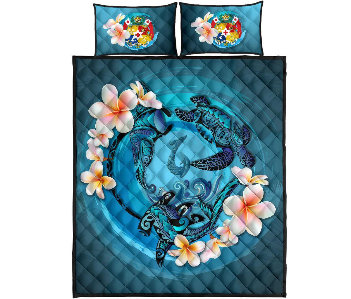 Tonga Polynesian Quilt Bed Set - Blue Plumeria Animal Tattoo - Polynesian Pride