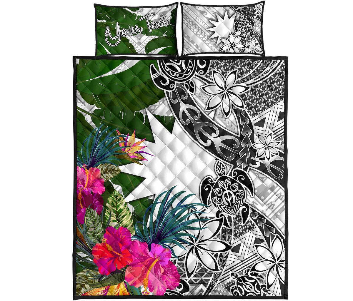 Nauru Custom Personalised Quilt Bet Set White - Turtle Plumeria Banana Leaf - Polynesian Pride