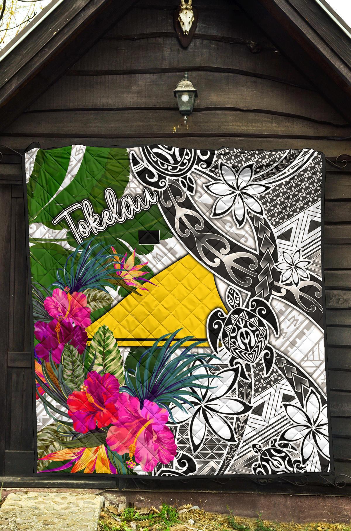 Tokelau Premium Quilt White - Turtle Plumeria Banana Leaf - Polynesian Pride