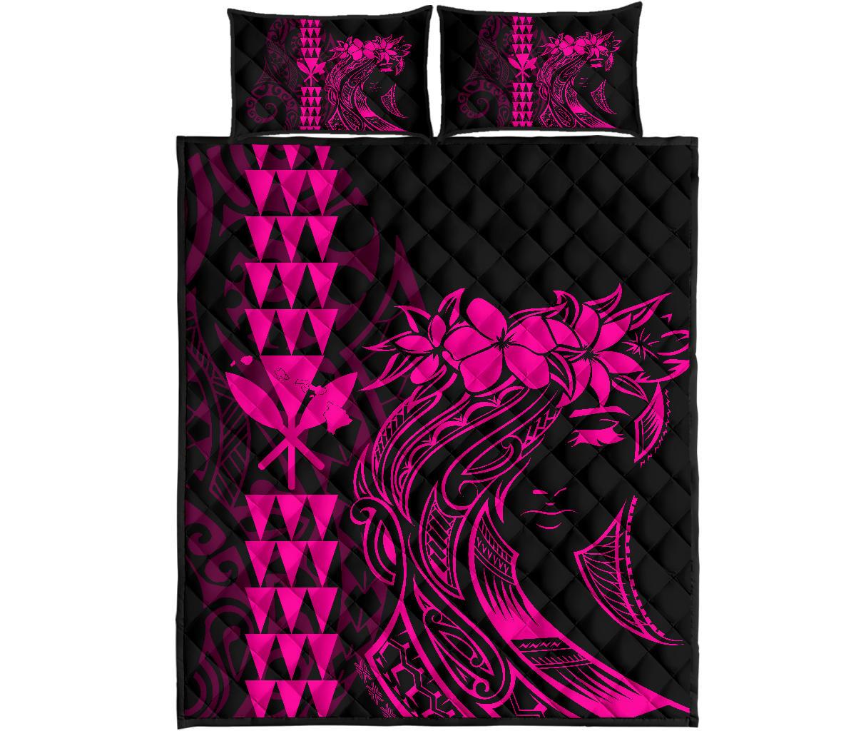 Hawaii Map Kanaka Polynesian Hula Girl Quilt Bed Set - Pink - Polynesian Pride