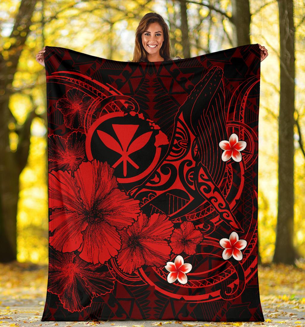 Polynesian Hawaii Kanaka Maoli Premium Blanket - Humpback Whale with Hibiscus (Red) - Polynesian Pride