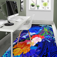 Polynesian Hawaii Custom Personalised Area Rug - Humpback Whale with Tropical Flowers (Blue) - Polynesian Pride