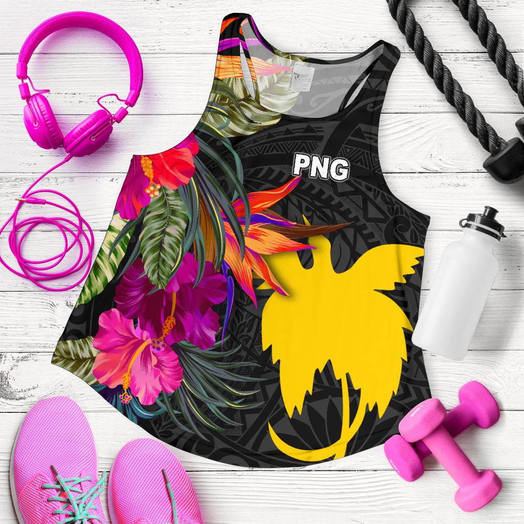 Papua New Guinea Women's Racerback Tank - Hibiscus Polynesian Pattern Black - Polynesian Pride
