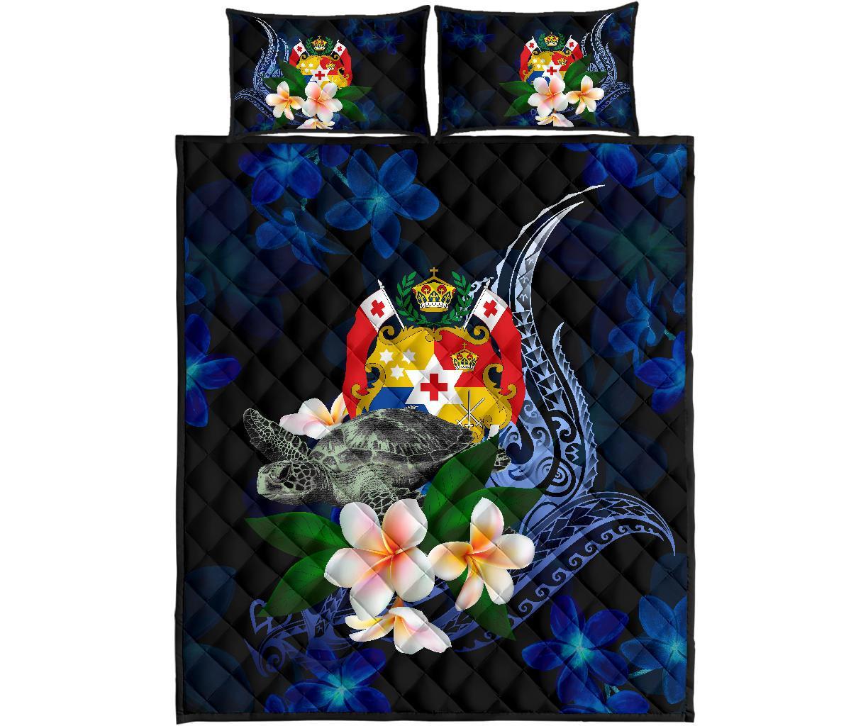 Tonga Polynesian Quilt Bed Set - Turtle With Plumeria Flowers - Polynesian Pride