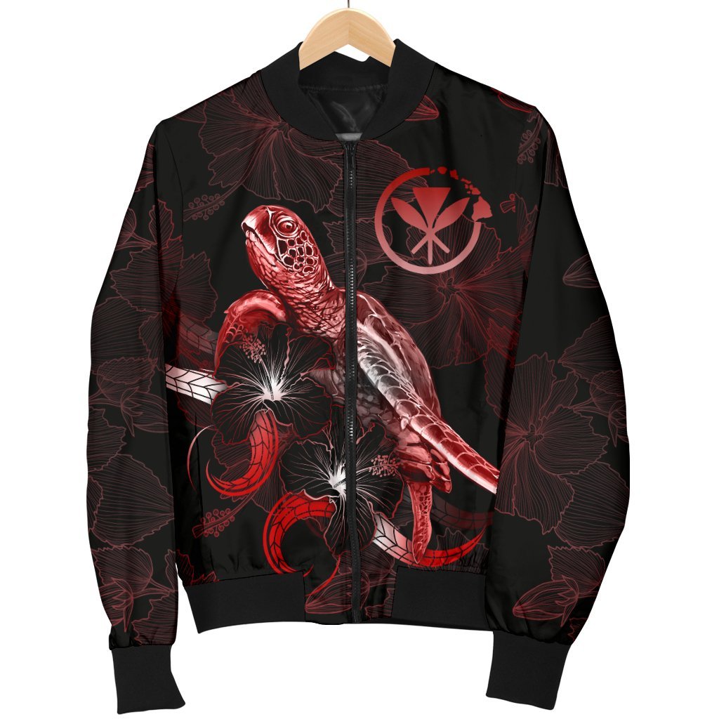 Hawaii Polynesian Men's Bomber Jacket - Turtle With Blooming Hibiscus Red - Polynesian Pride