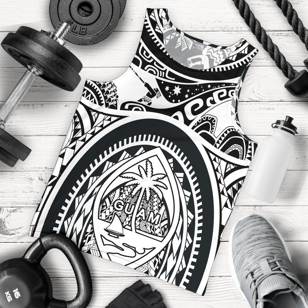 Polynesian Men's Tank Top - Guam Flag, Seal with Maui Moana Tattoo White - Polynesian Pride