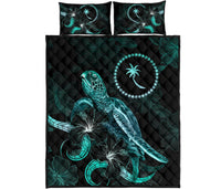 Chuuk Polynesian Quilt Bed Set - Turtle With Blooming Hibiscus Turquoise - Polynesian Pride