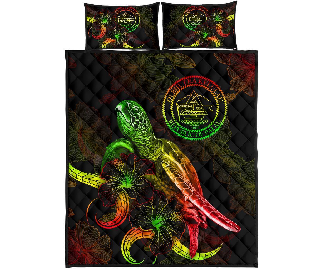 Palau Polynesian Quilt Bed Set - Turtle With Blooming Hibiscus Reggae - Polynesian Pride