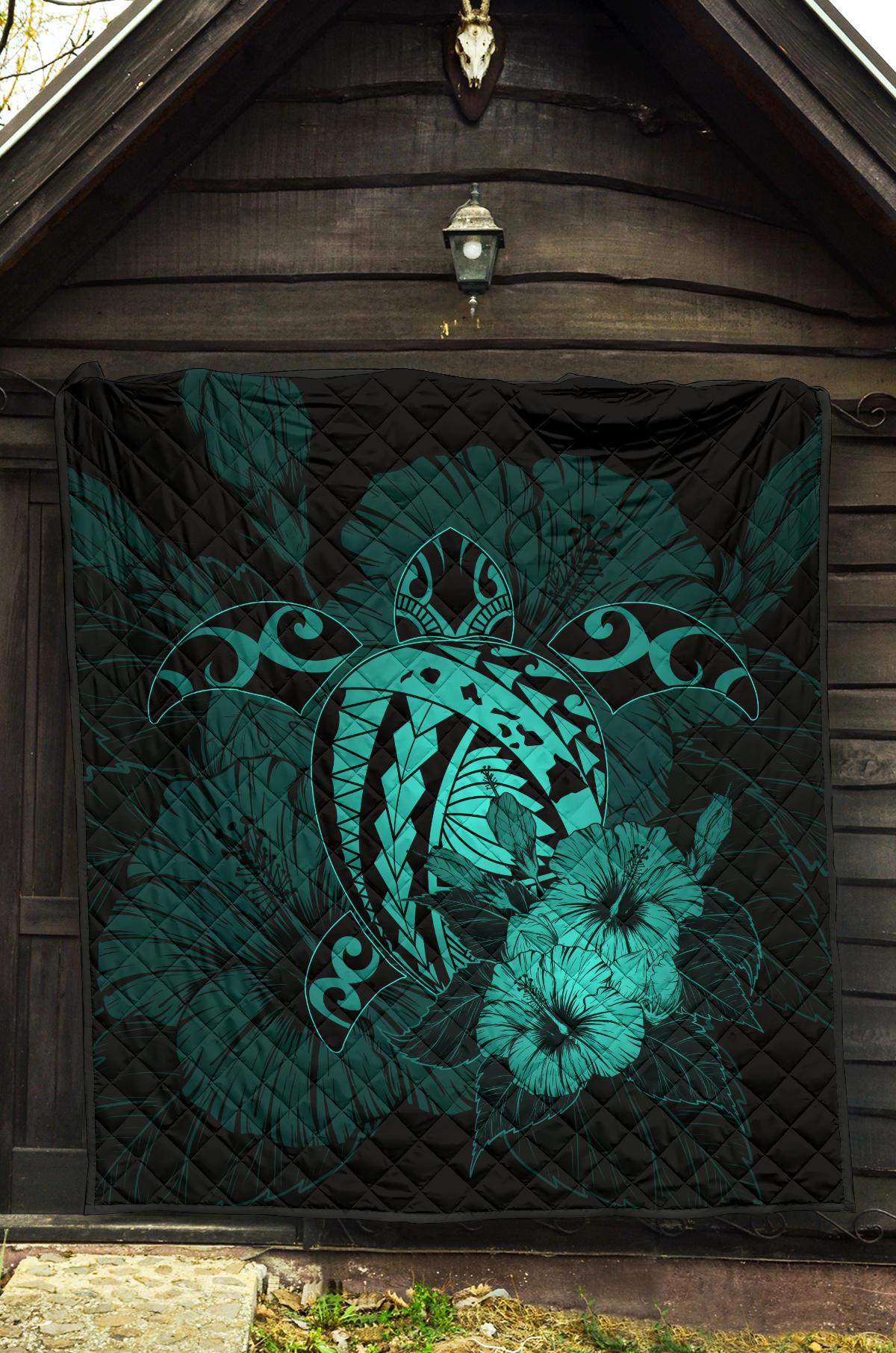 Hawaii Hibiscus Premium Quilt - Harold Turtle - Turquoise - Polynesian Pride
