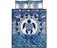 Polynesian Quilt Bed Set - Dark Blue Turtle Palm Gray Version - Polynesian Pride